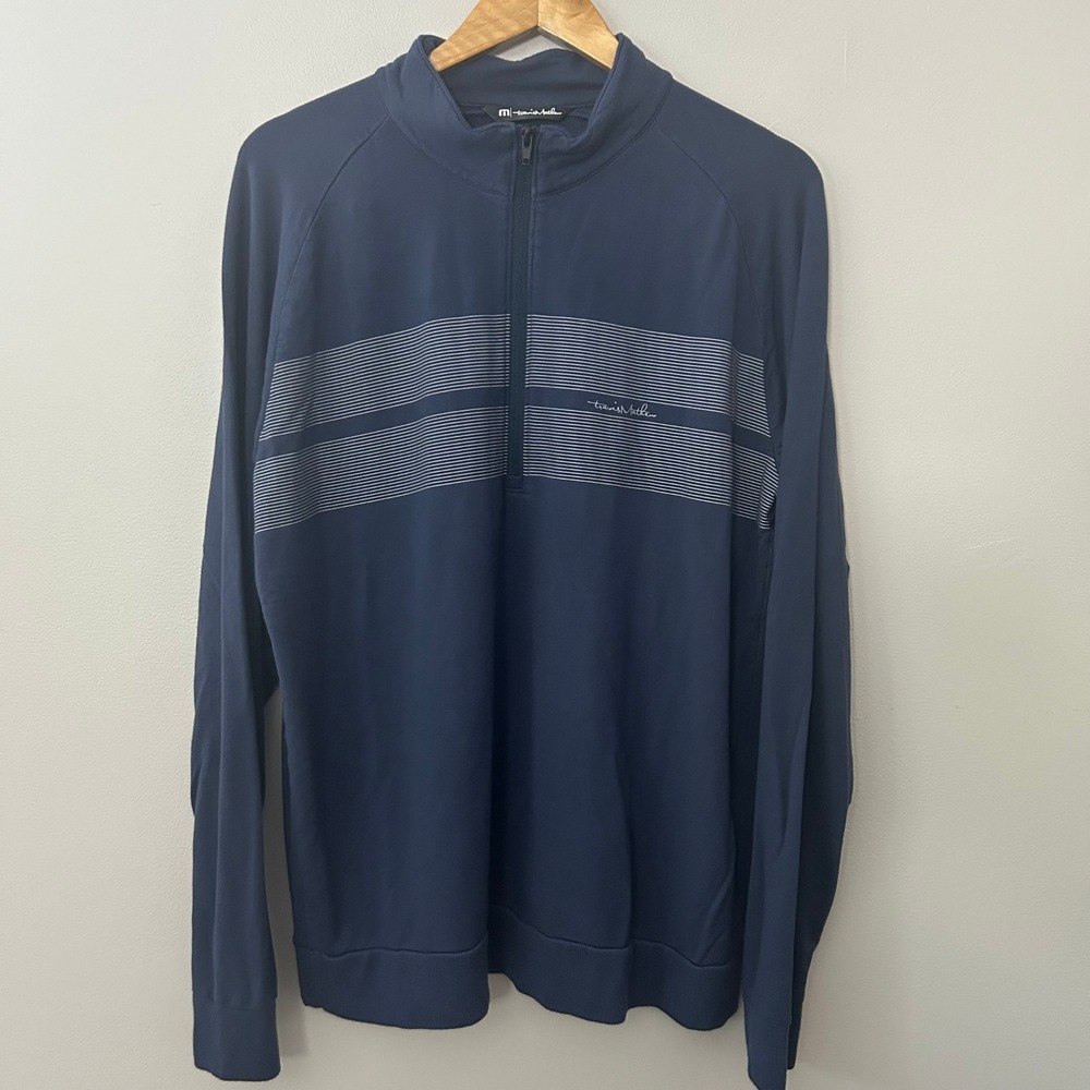 TravisMathew Pullover‎ Men XL Navy Blue Striped 1/4 Zip Keep It Real Sweatshirt